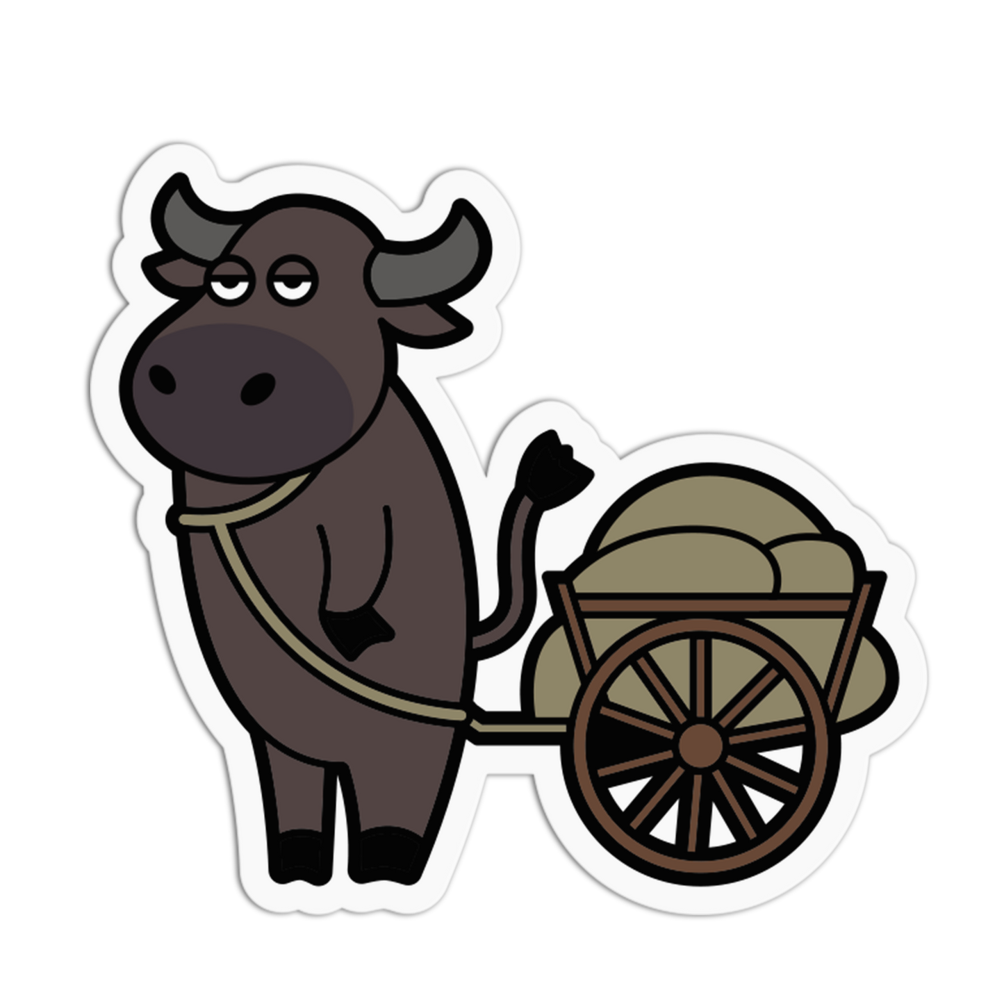 Cartoon bull pulling a cart with sacks on a white background