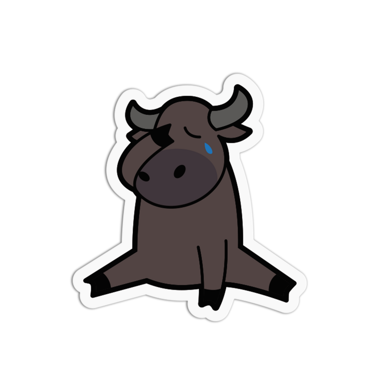 Cartoon-style yak sticker with a sad expression on a white background