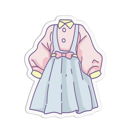 A die-cut sticker featuring a cute anime-style illustration of a girl's outfit, consisting of a light pink long-sleeve blouse with yellow cuffs and collar, light blue overalls, and a matching light blue skirt with a pink bow at the waist.