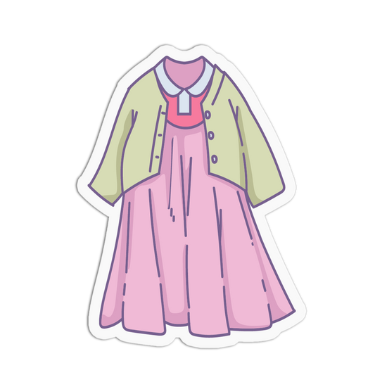 A die-cut sticker featuring a cute, hand-drawn style illustration of a girl's outfit. The outfit consists of a light pink dress with a white collar, a light green cardigan, and a pink top with a white collar.