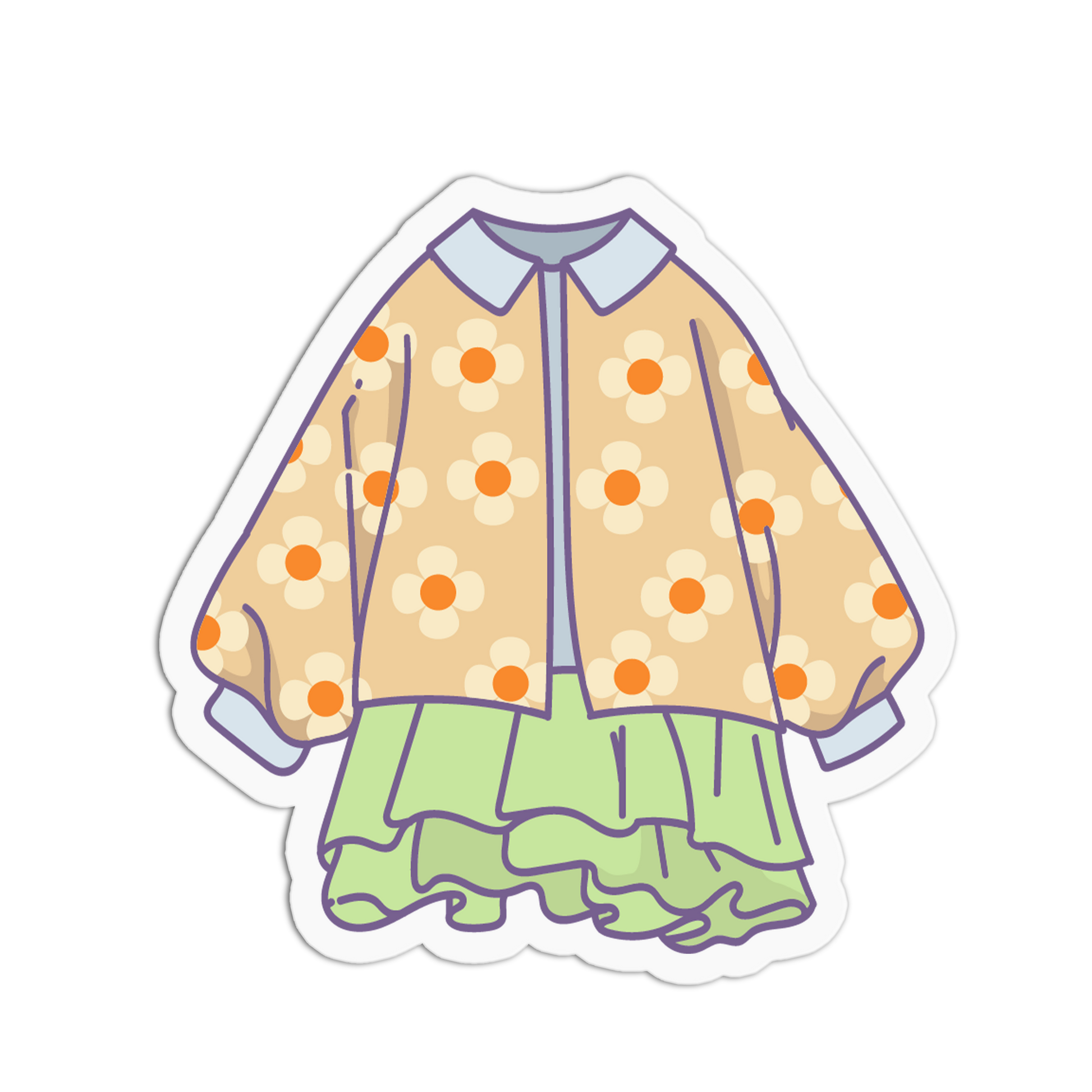 A die-cut sticker featuring a cute cartoon-style outfit illustration. The outfit consists of a beige cardigan with orange and white flower patterns, light blue collar and cuffs, and a light green ruffled skirt, all outlined in purple.