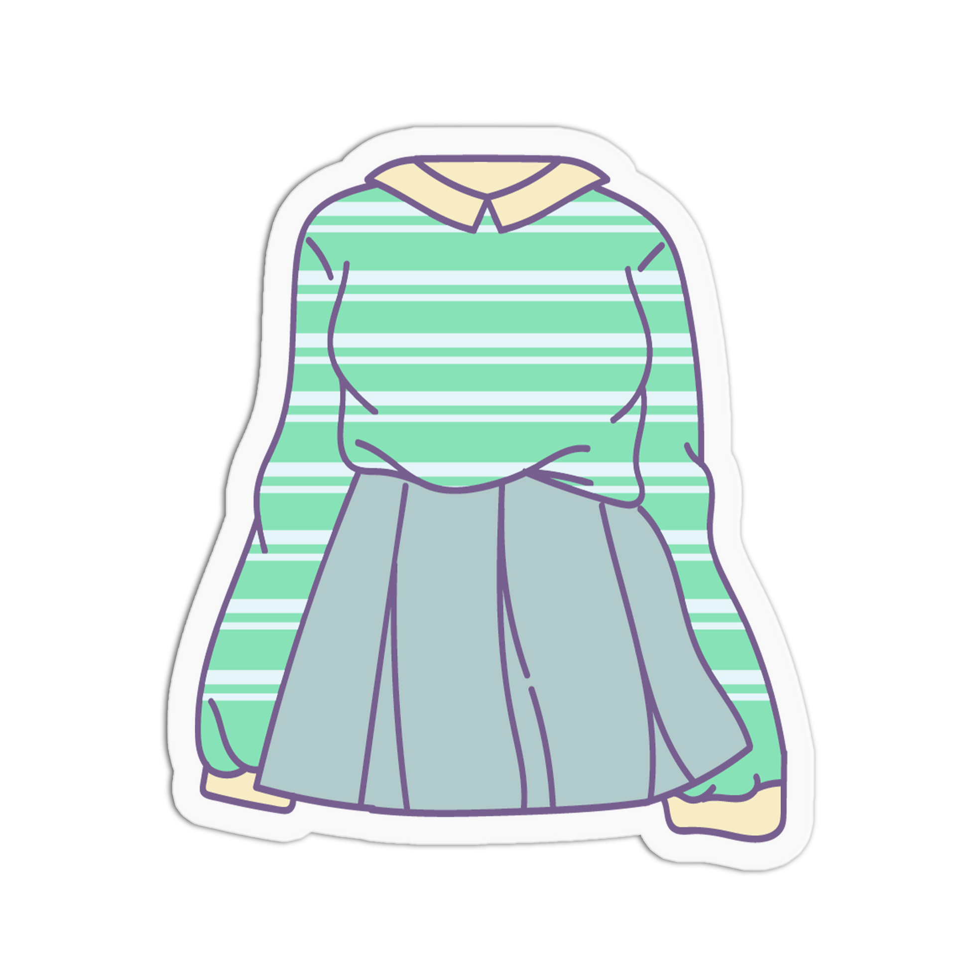 A die-cut sticker featuring a cute, minimalist anime-style illustration of a girl wearing a mint green and white striped long-sleeve shirt with a pale yellow collar, paired with a dusty blue pleated skirt. The sticker has a white border and is shown on a solid white background.