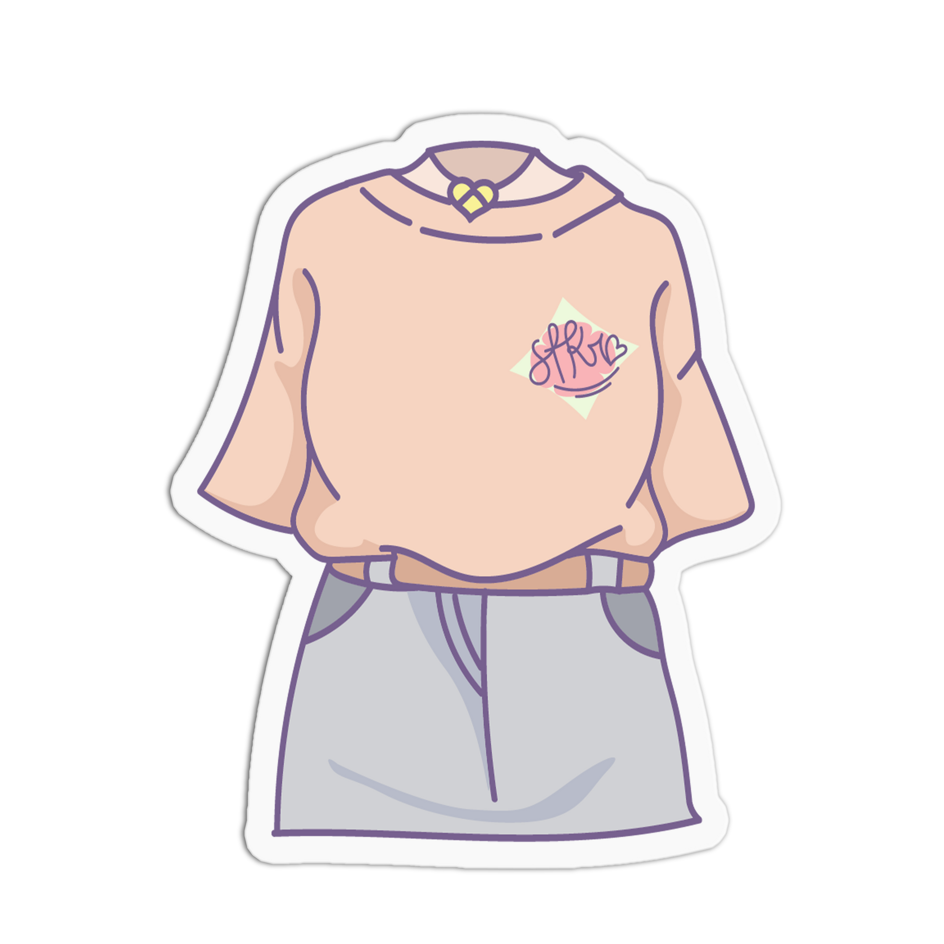 A stylized illustrated outfit sticker showing a peach short-sleeve top with a small pink chest graphic, paired with light gray shorts and a tan belt, outlined in white on a black background.