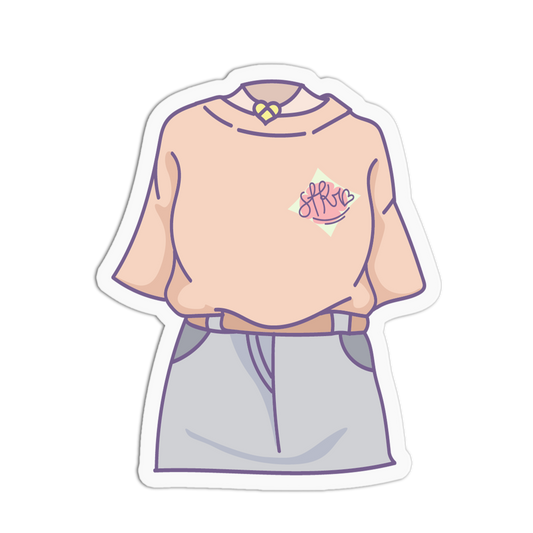 A stylized illustrated outfit sticker showing a peach short-sleeve top with a small pink chest graphic, paired with light gray shorts and a tan belt, outlined in white on a black background.