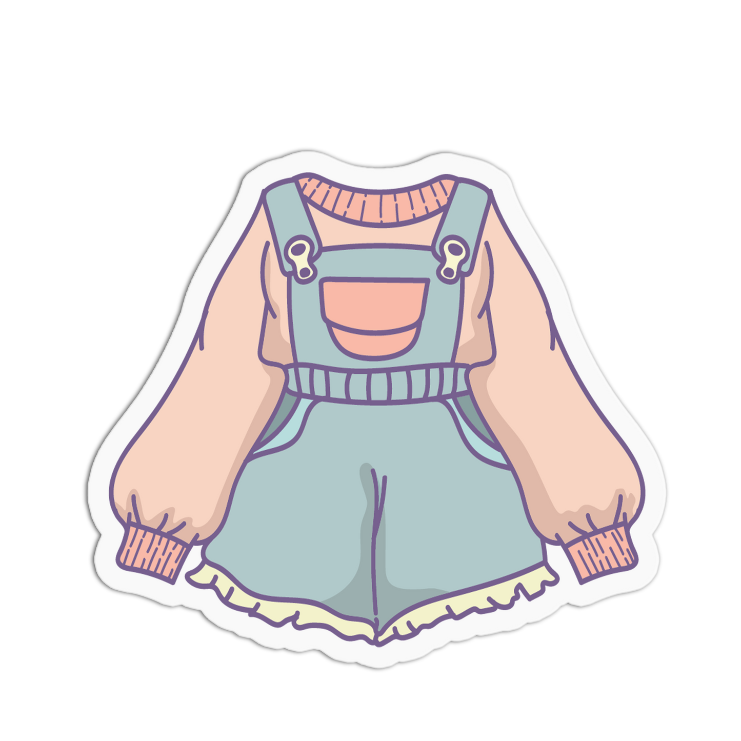 A die-cut sticker featuring a cute, stylized illustration of a girl's outfit. The outfit consists of dusty blue denim overall shorts with a pink pocket, light pink long sleeves with ribbed cuffs, and a matching dusty blue frilly skirt.