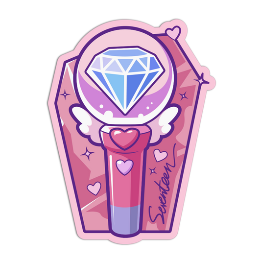 Cartoon-style makeup brush with a diamond on a pink background, featuring the brand 'Seventeen'.