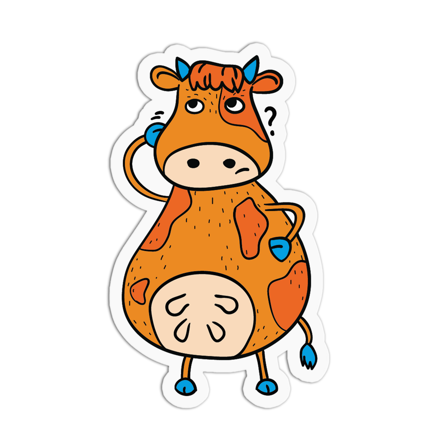A cartoon cow sticker with an orange and beige body, blue hooves and horns, and a white die-cut border on a black background.
