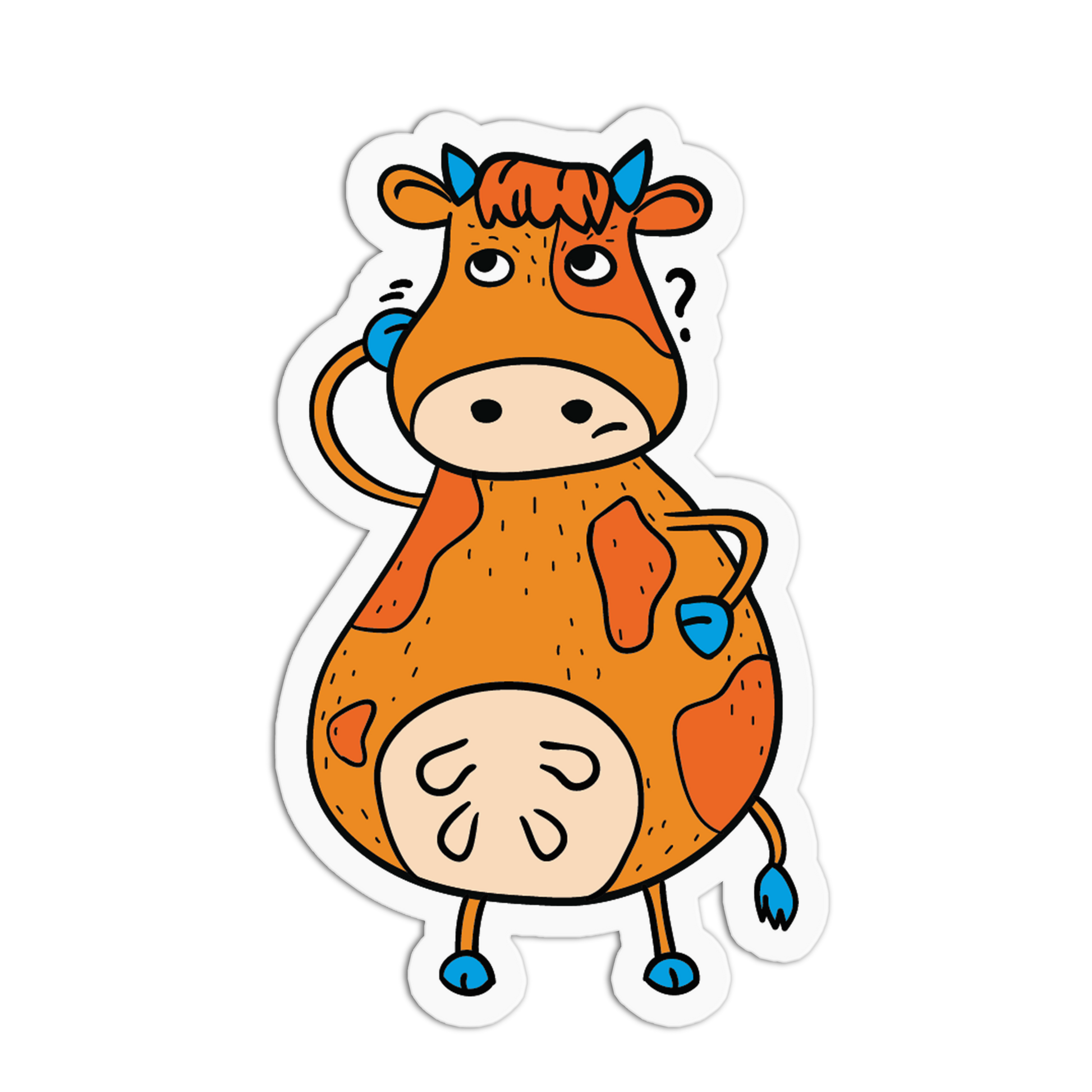 A cartoon cow sticker with an orange and beige body, blue hooves and horns, and a white die-cut border on a black background.