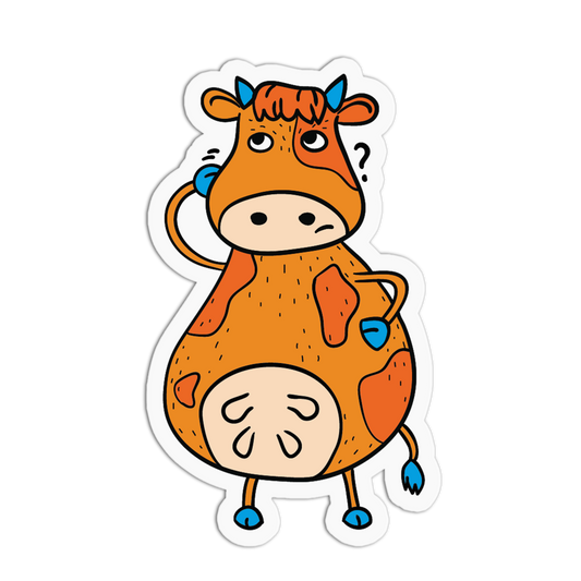 A cartoon cow sticker with an orange and beige body, blue hooves and horns, and a white die-cut border on a black background.