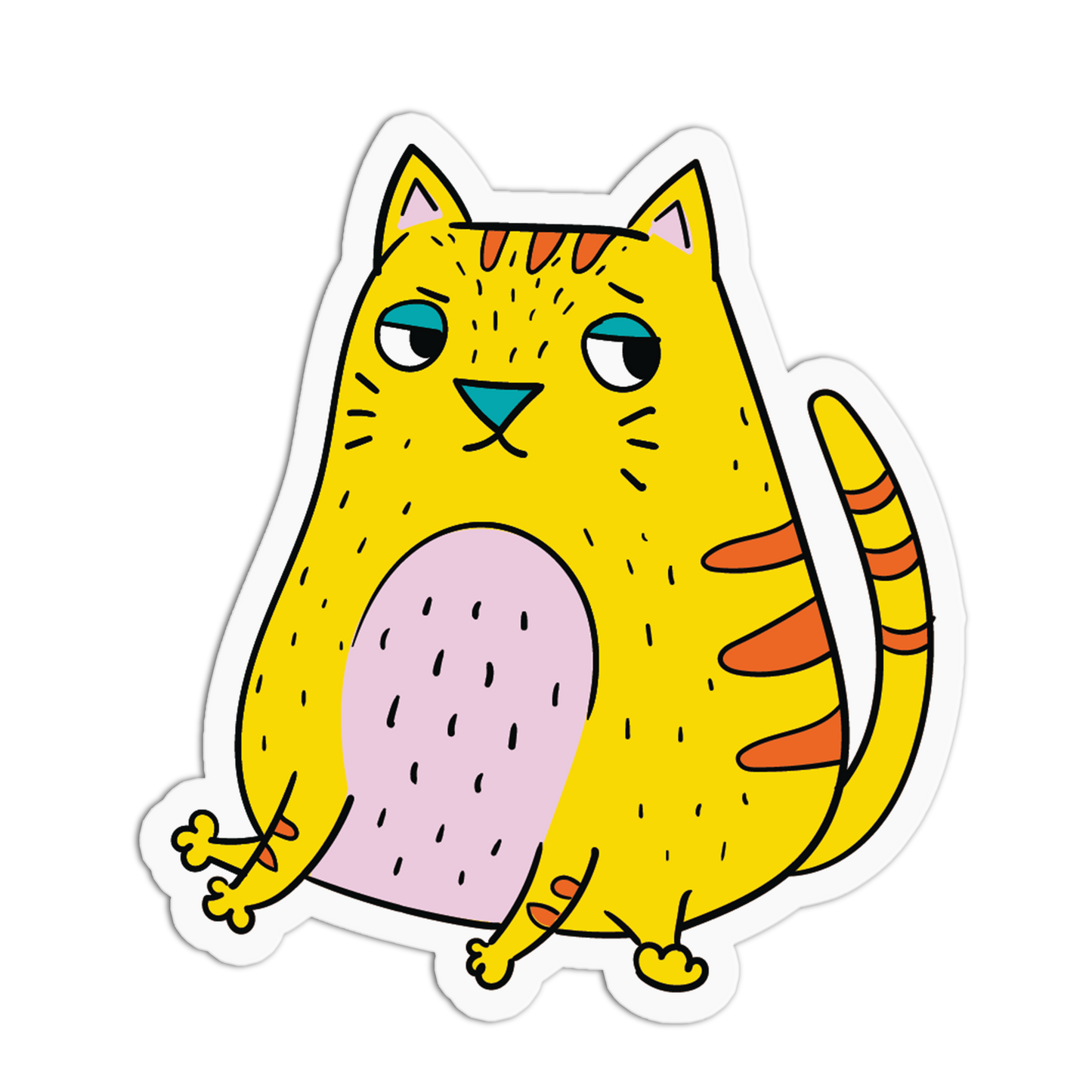 A cartoon die-cut sticker of a yellow cat with orange stripes, a pink belly, and blue eyes on a white background.