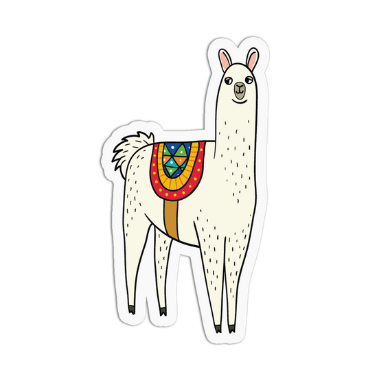 A die-cut sticker featuring a cartoon llama with a colorful decorative saddle blanket, shown on a plain white background.