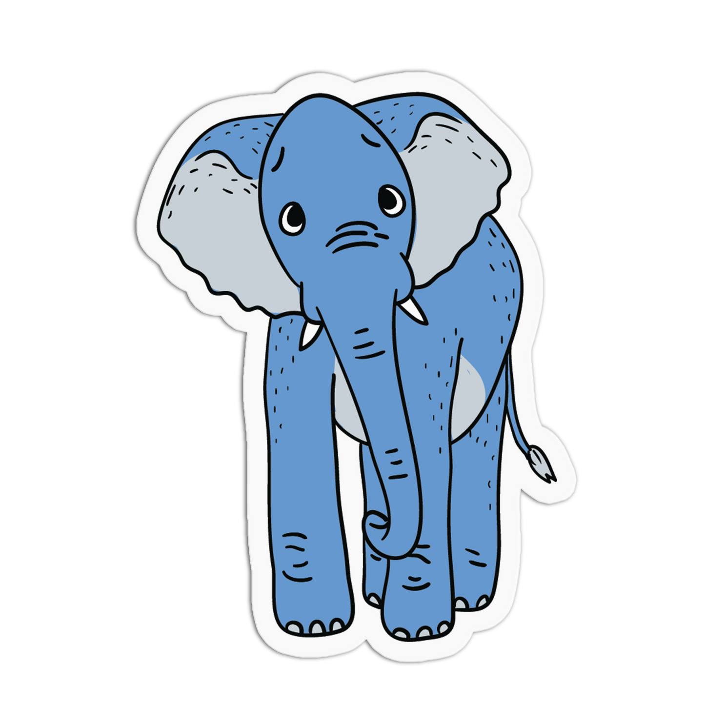 A die-cut sticker featuring a cute cartoon baby elephant in shades of blue and light gray, shown on a plain white background.