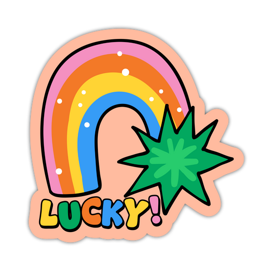 Sticker with a rainbow, star, and the word 'LUCKY!' on a white background