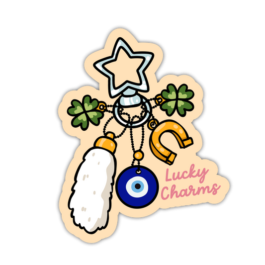 Sticker with lucky charms including a star, clover, horseshoe, and evil eye on a white background.