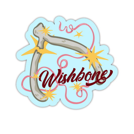 Sticker with a horseshoe and 'Wishbone' text on a light blue background
