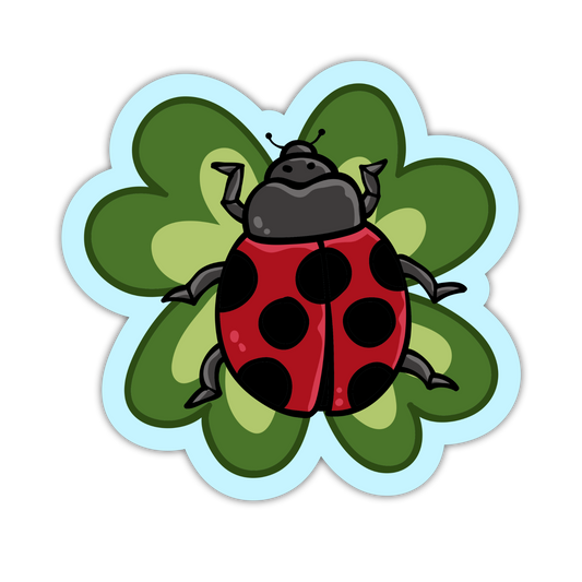 Cartoon ladybug on a green clover leaf with a blue border