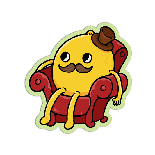 A cartoon-style die-cut sticker featuring a round yellow character with a brown mustache and top hat sitting in a red armchair, shown on a plain white background.