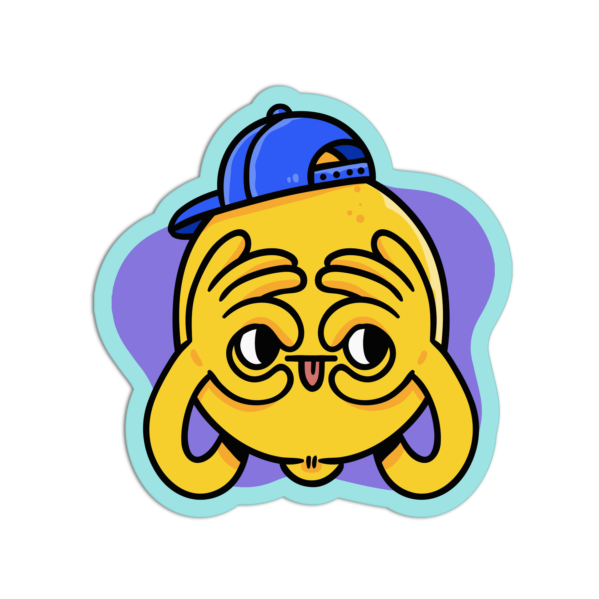 A cartoon sticker or decal featuring a yellow round character with large eyes, a small pink tongue sticking out, and a blue cap, set on a purple and light blue abstract background with a white border.