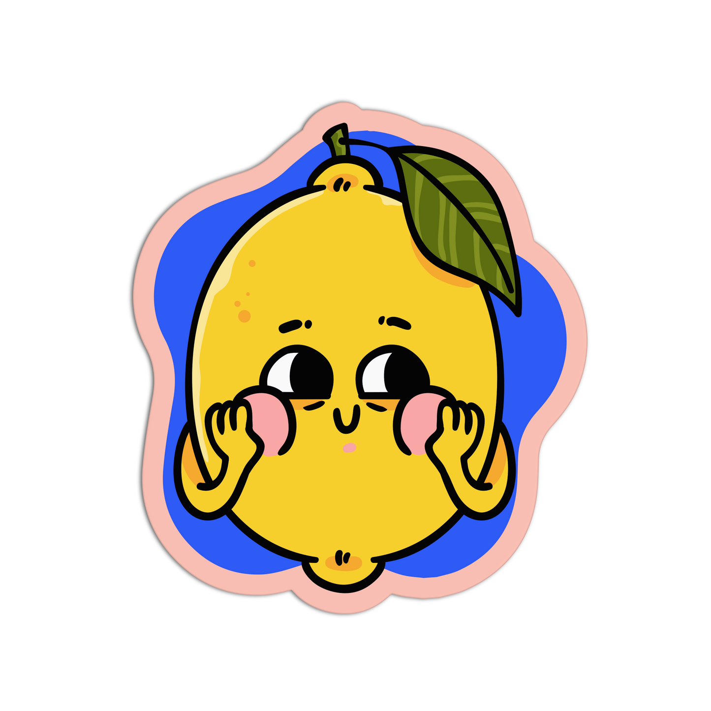 A cute cartoon lemon sticker or decal with a leaf on its stem, pink cheeks, and a blue background inside a pink outline, shown on a plain white backdrop.