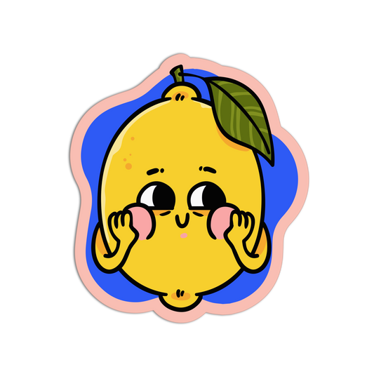 A cute cartoon lemon sticker or decal with a leaf on its stem, pink cheeks, and a blue background inside a pink outline, shown on a plain white backdrop.