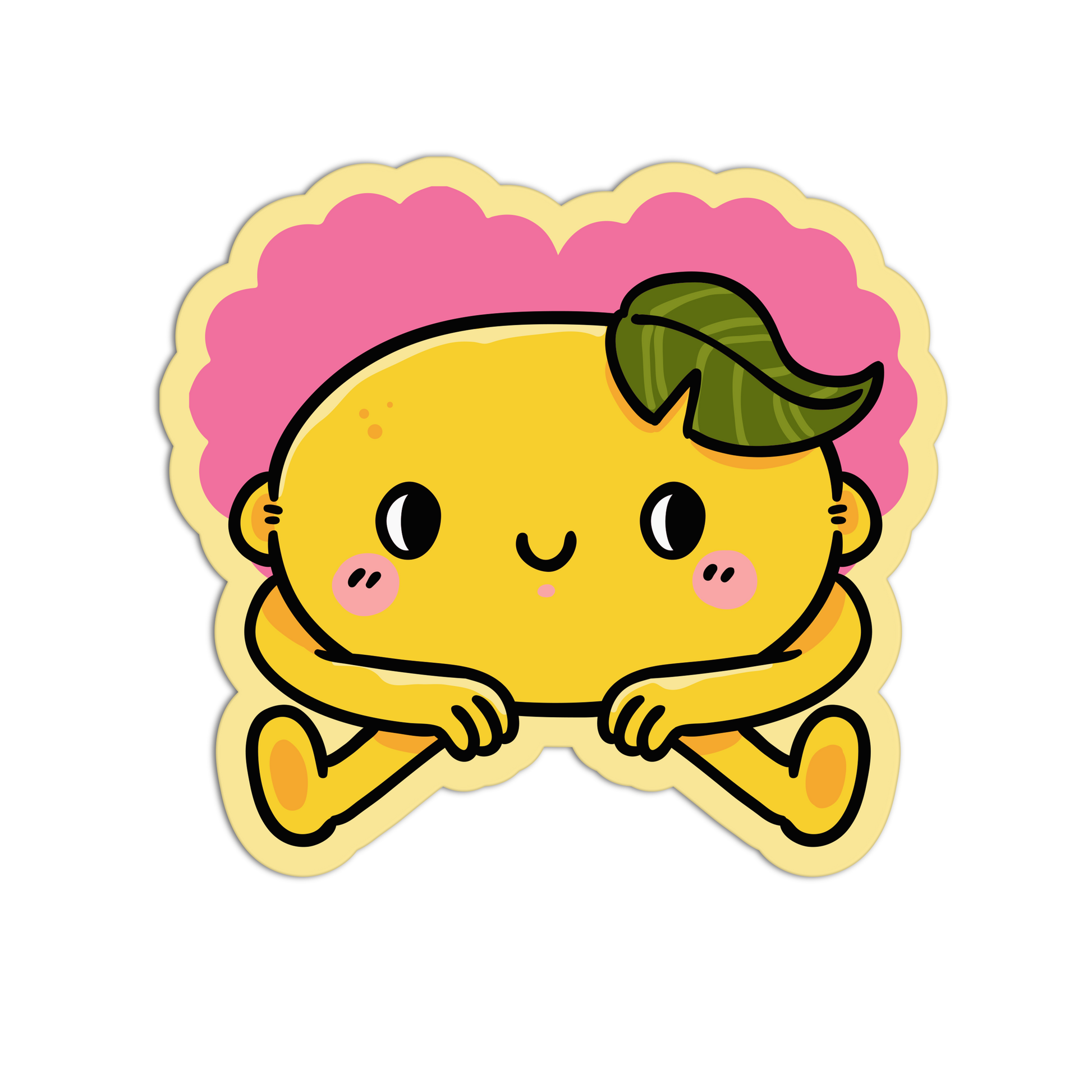 A die-cut cartoon sticker featuring a yellow character with pink hair, a green leaf hair accessory, and a cream border, shown on a plain white background.
