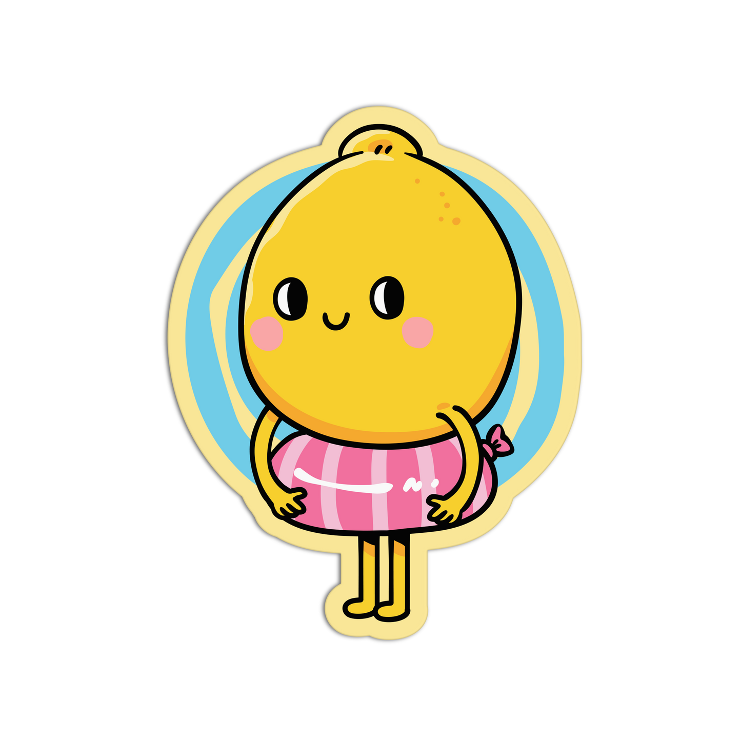 A cartoon lemon character sticker or decal on a plain white background. The lemon has a yellow body with small orange speckles, black eyes, pink cheeks, and a pink striped swim ring around its waist.