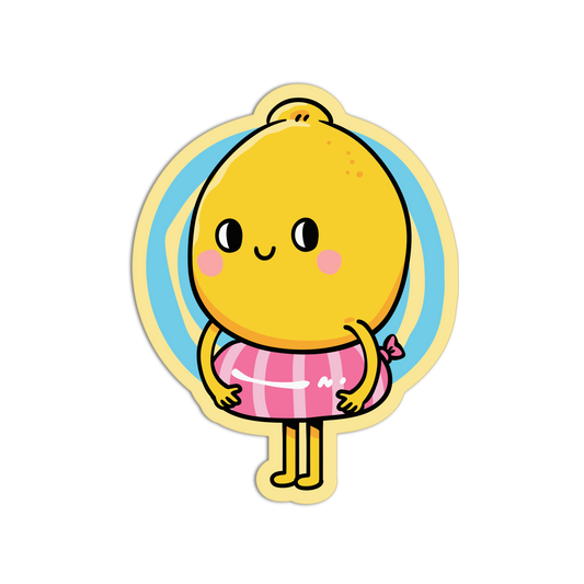 A cartoon lemon character sticker or decal on a plain white background. The lemon has a yellow body with small orange speckles, black eyes, pink cheeks, and a pink striped swim ring around its waist.