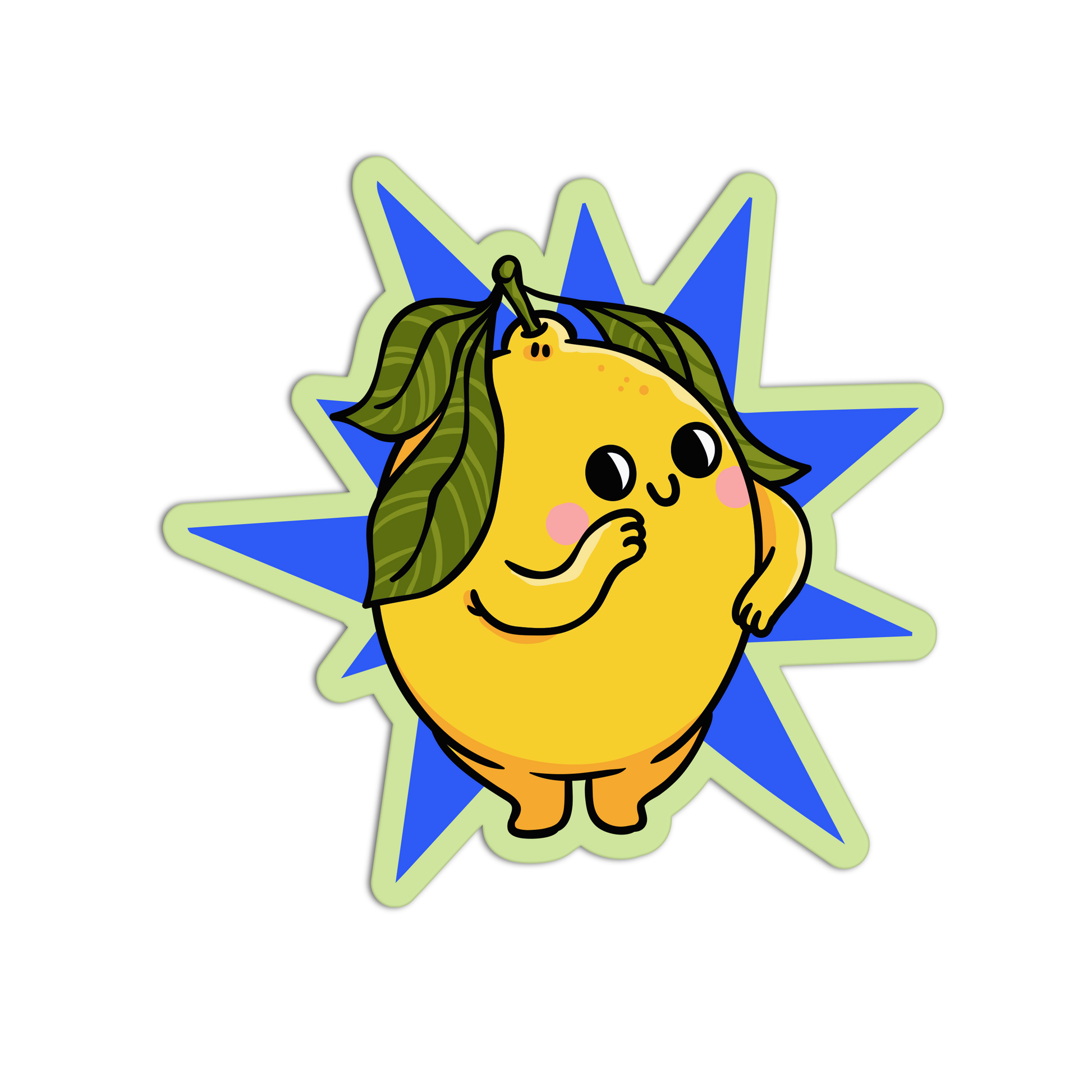 A die-cut sticker featuring a cute cartoon lemon character with green leaves on its stem and back, set against a blue starburst background with a light green outline, shown on a plain white background.