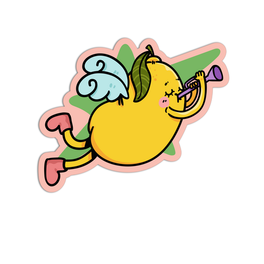 A cartoon sticker of a yellow lemon character with angel wings, a green leaf on its head, and pink boots, playing a purple trumpet against a green and pink abstract background.
