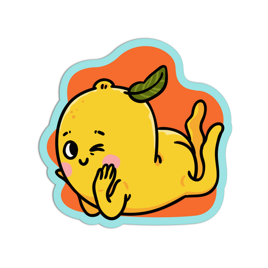 A die-cut sticker featuring a cute cartoon lemon character lying down and winking, with a light blue border and orange background, shown on a plain white backdrop.