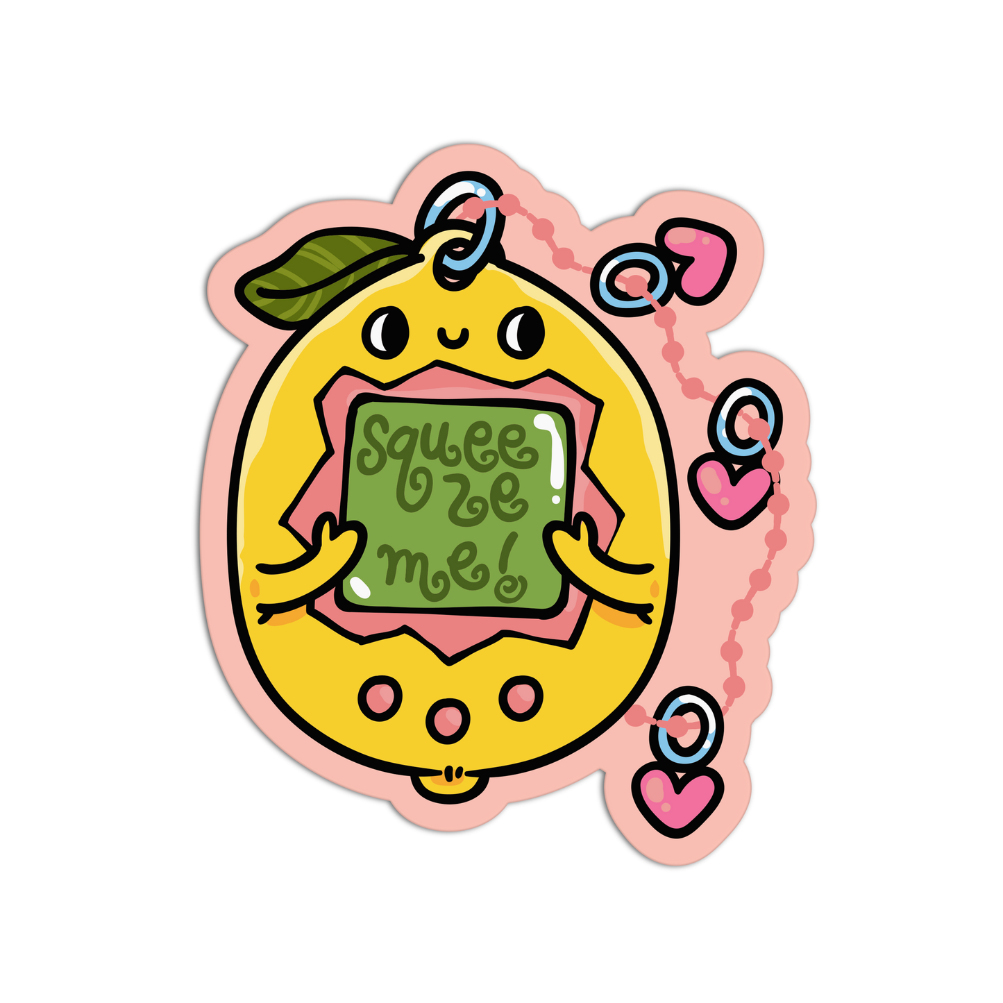 A die-cut sticker featuring a cute cartoon tamagotchi-style character with a yellow body, pink trim, a green leaf on its head, and a green screen that reads 'squeeze me!'. Pink hearts and a wavy pink line decorate the design, all on a plain white background.