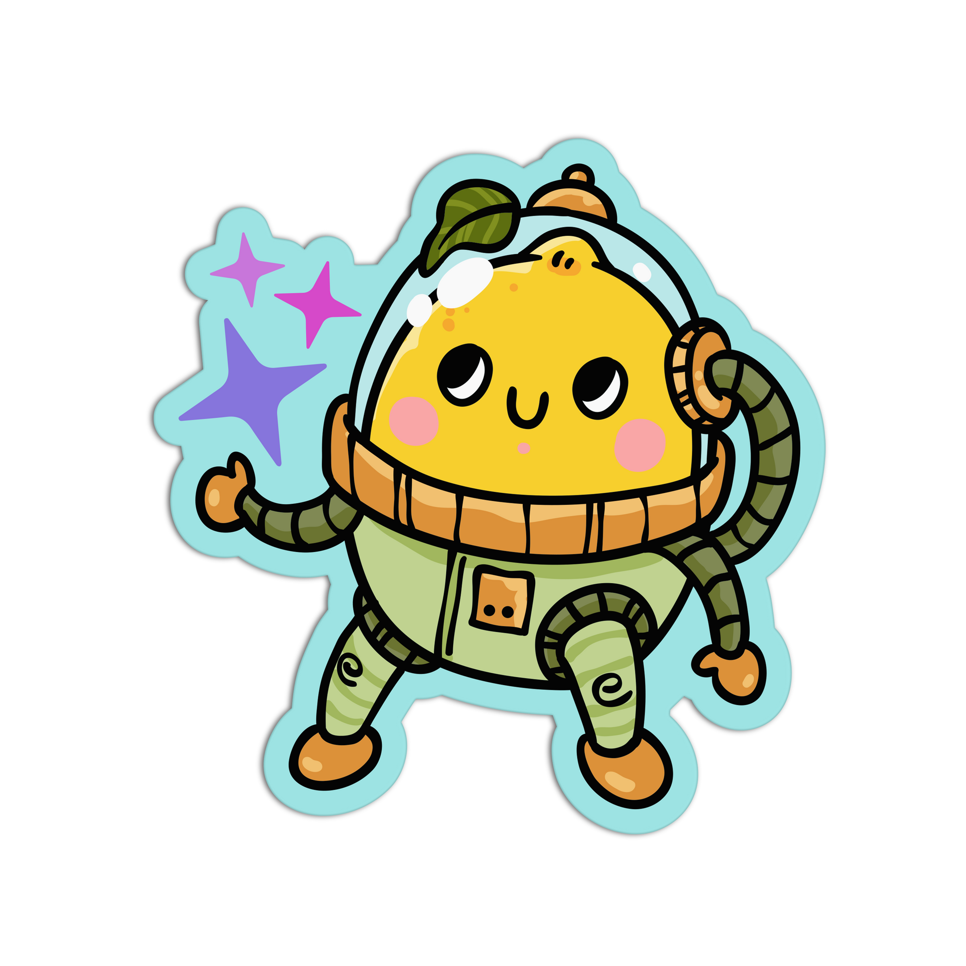 A cute cartoon sticker of a yellow lemon character wearing a green astronaut space suit, with pink cheeks and purple sparkles, on a solid white background.