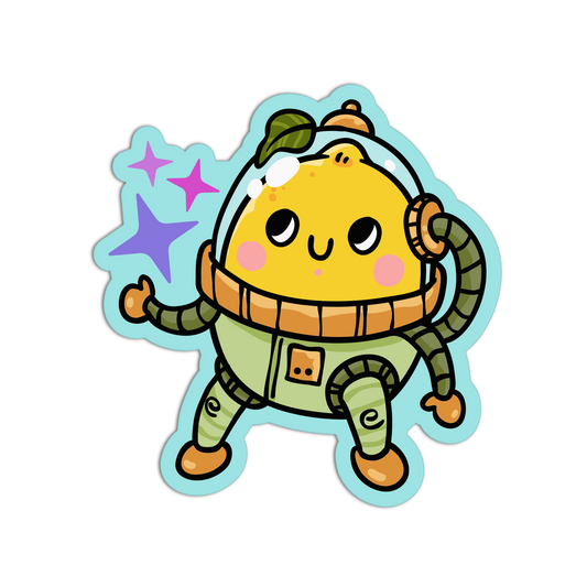 A cute cartoon sticker of a yellow lemon character wearing a green astronaut space suit, with pink cheeks and purple sparkles, on a solid white background.