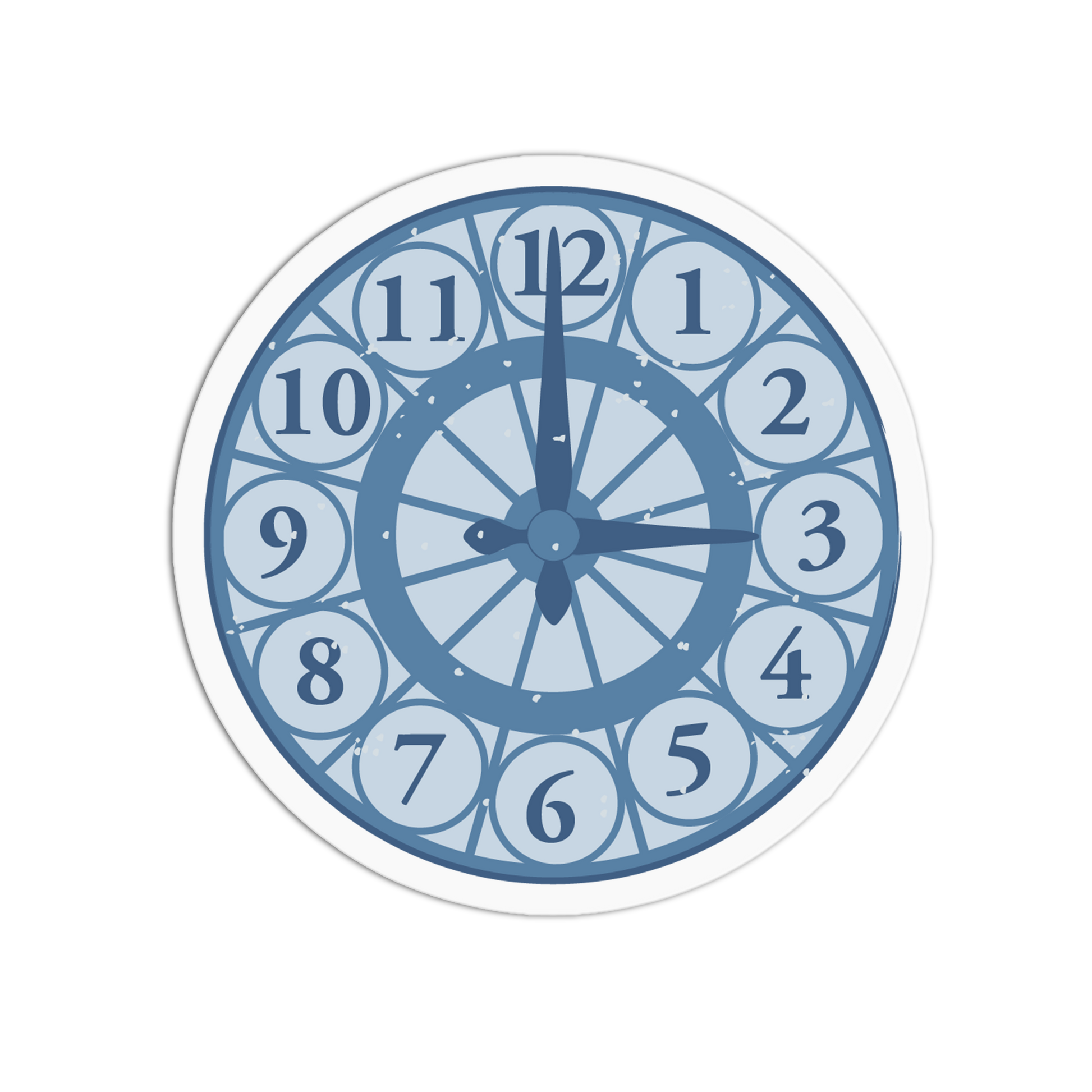 A round wall clock with a blue and white geometric design, featuring large numerals from 1 to 12 and blue hands, shown against a plain white background.