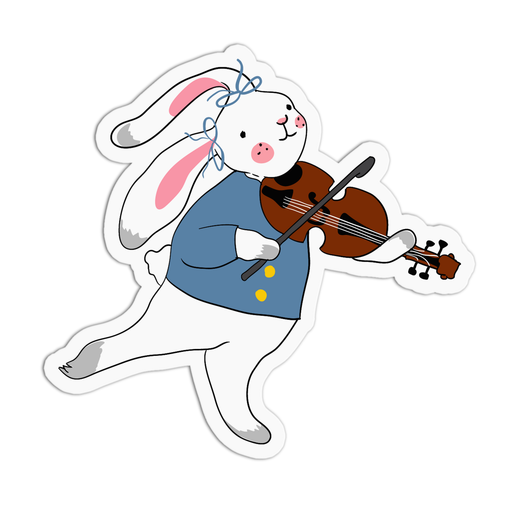 A cartoon rabbit sticker or decal showing a white rabbit playing a brown violin, wearing a blue shirt with yellow buttons and pink inner ears, on a plain white background.