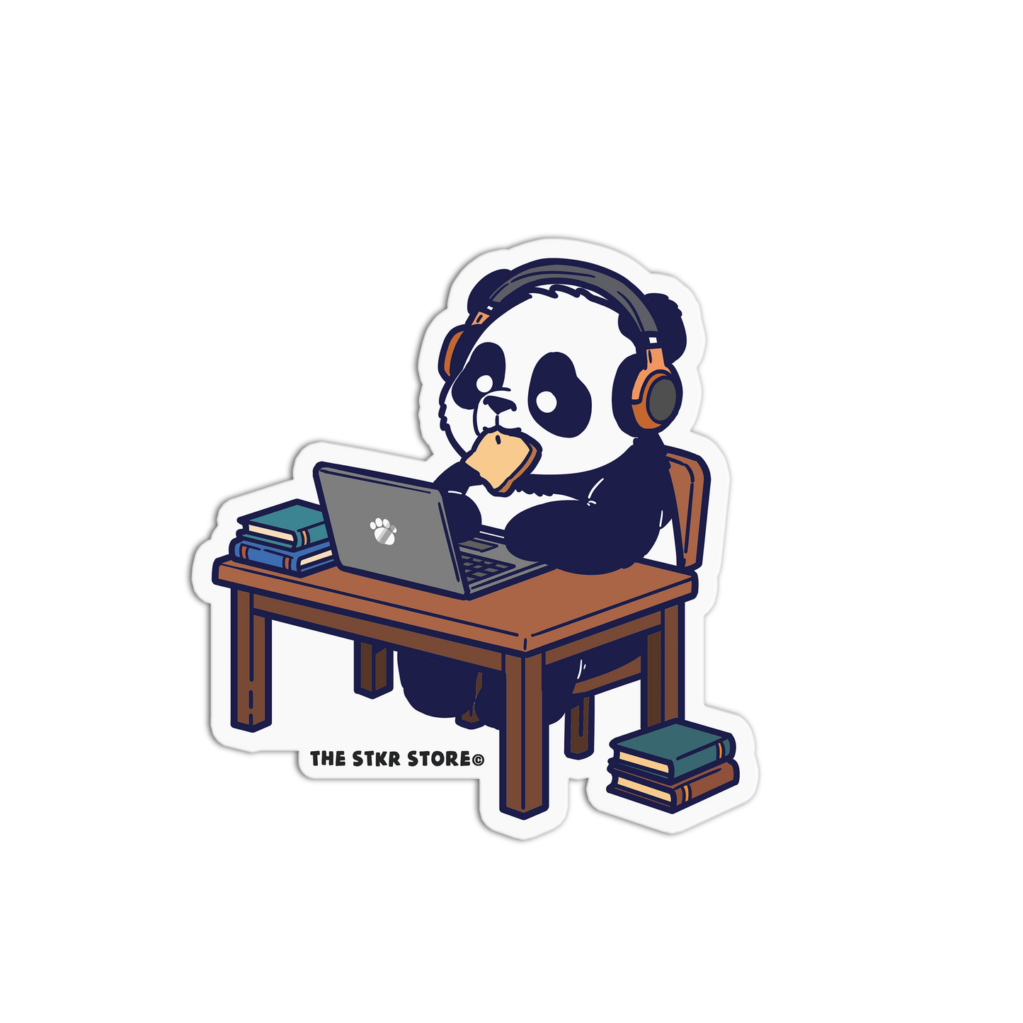 Sticker of a panda wearing headphones and using a laptop at a desk with 'The Stkr Store' branding.