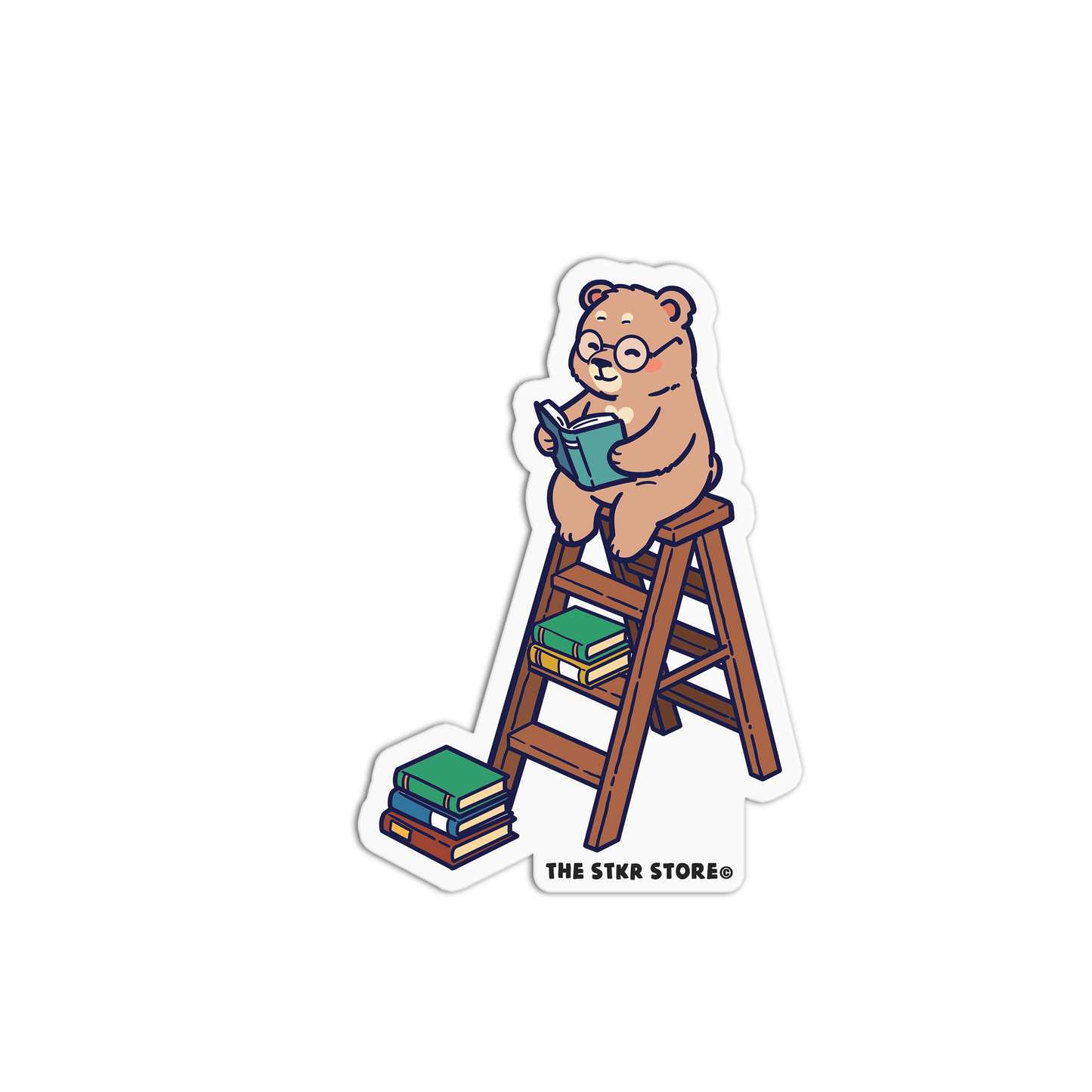 Sticker of a bear reading a book on a ladder with 'The Stkr Board' logo.