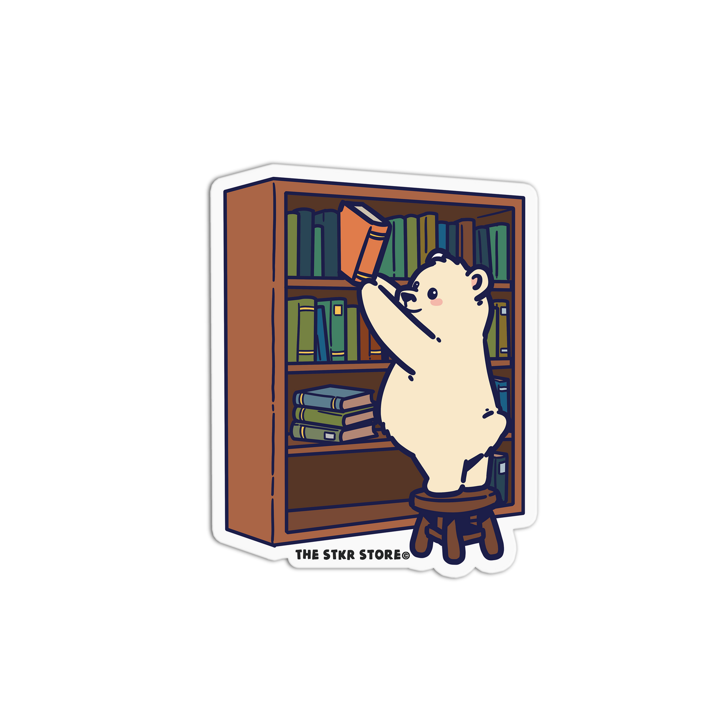 Illustration of a bear reaching into a bookshelf with books, from 'The Stkr Store'.