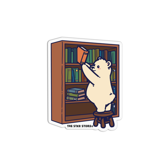 Illustration of a bear reaching into a bookshelf with books, from 'The Stkr Store'.