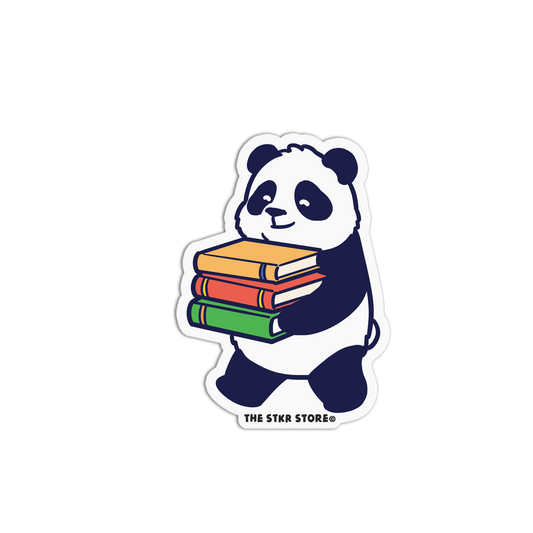 Sticker of a panda holding books with 'The Stkr Store' logo on a white background