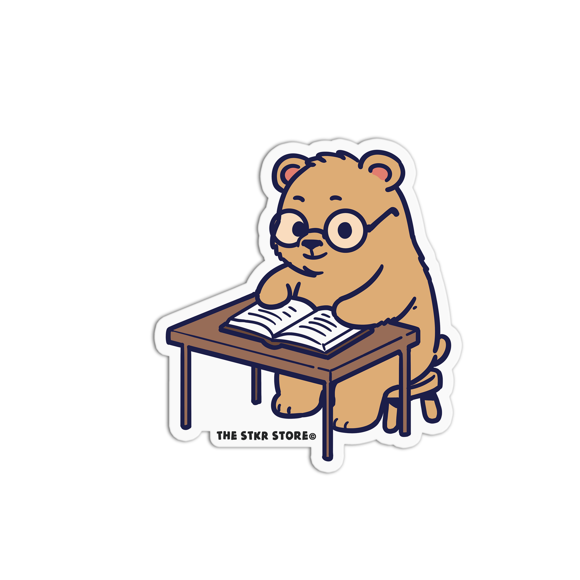 Sticker of a bear sitting at a desk reading a book, with 'The Stker Store' logo below.