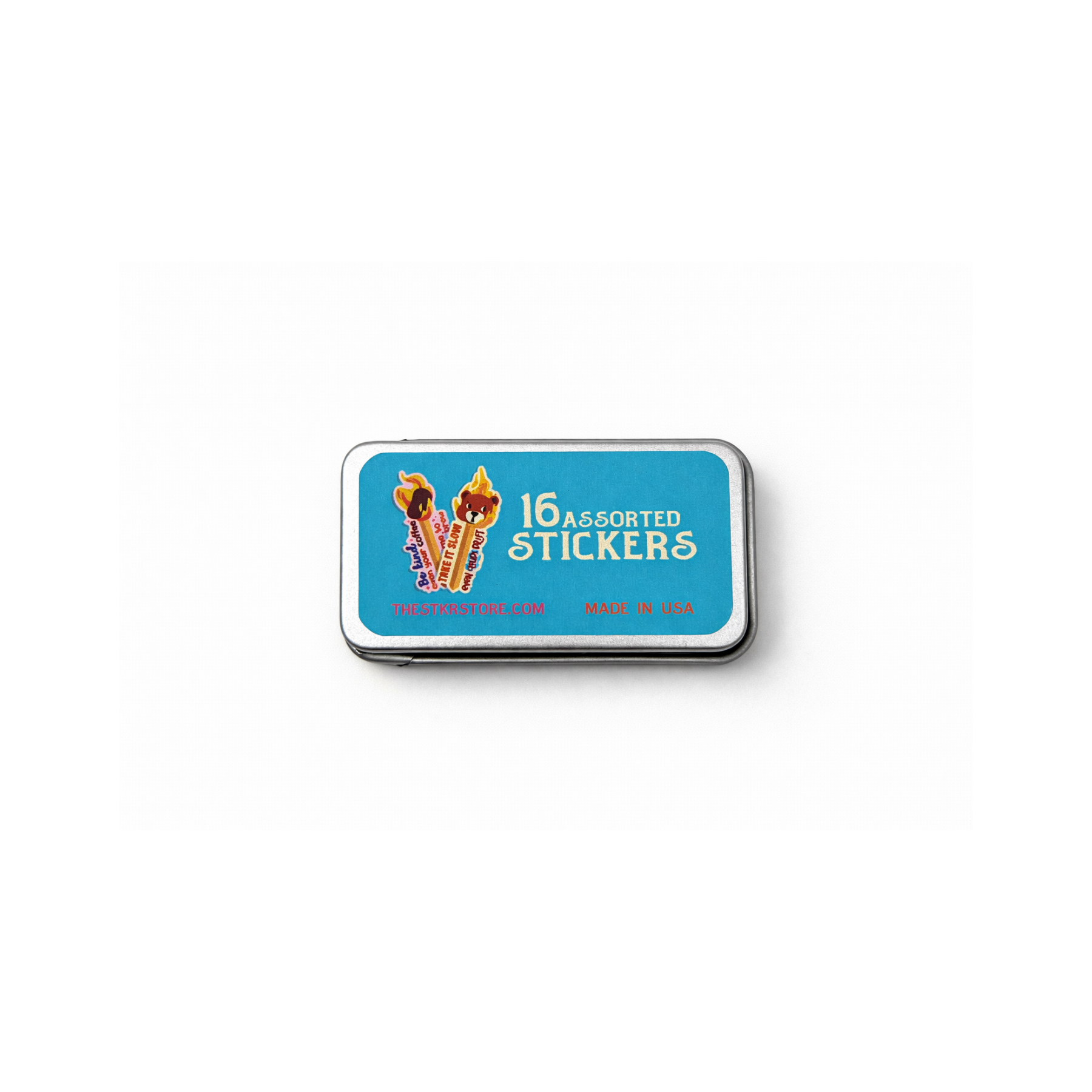 Small blue box with '16 assorted stickers' text on a white background