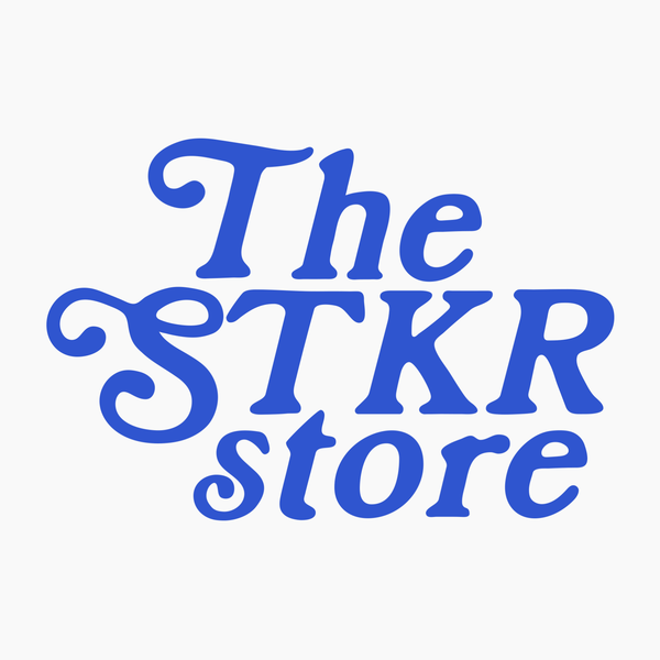 Blue text 'The STKR store' on a white background