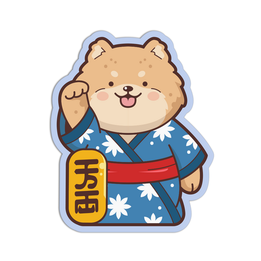 Cartoon dog character in a blue kimono with a yellow sign on a transparent background