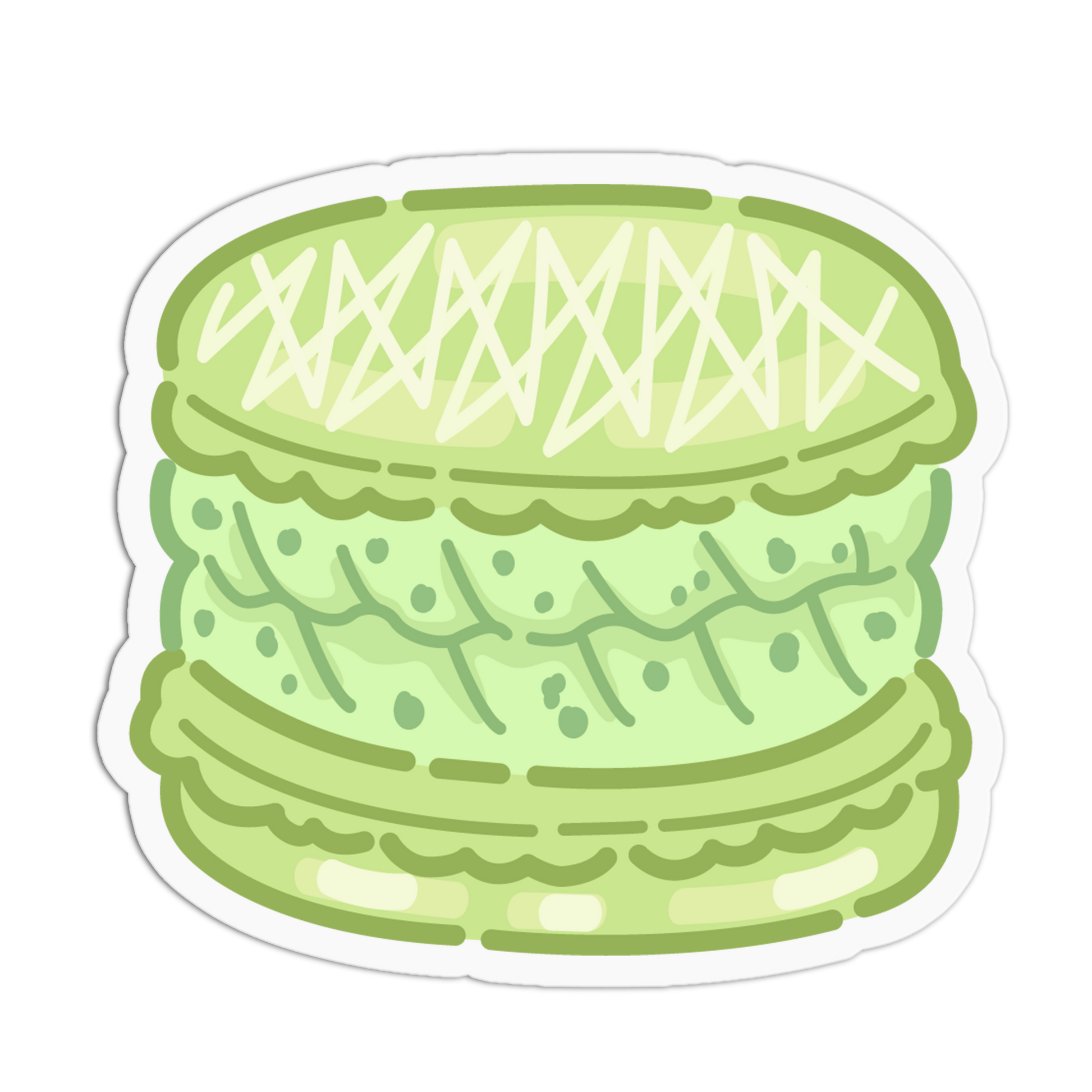 A die-cut sticker featuring a cute, cartoon-style illustration of a light green macaron with white cream details, shown on a solid white background.