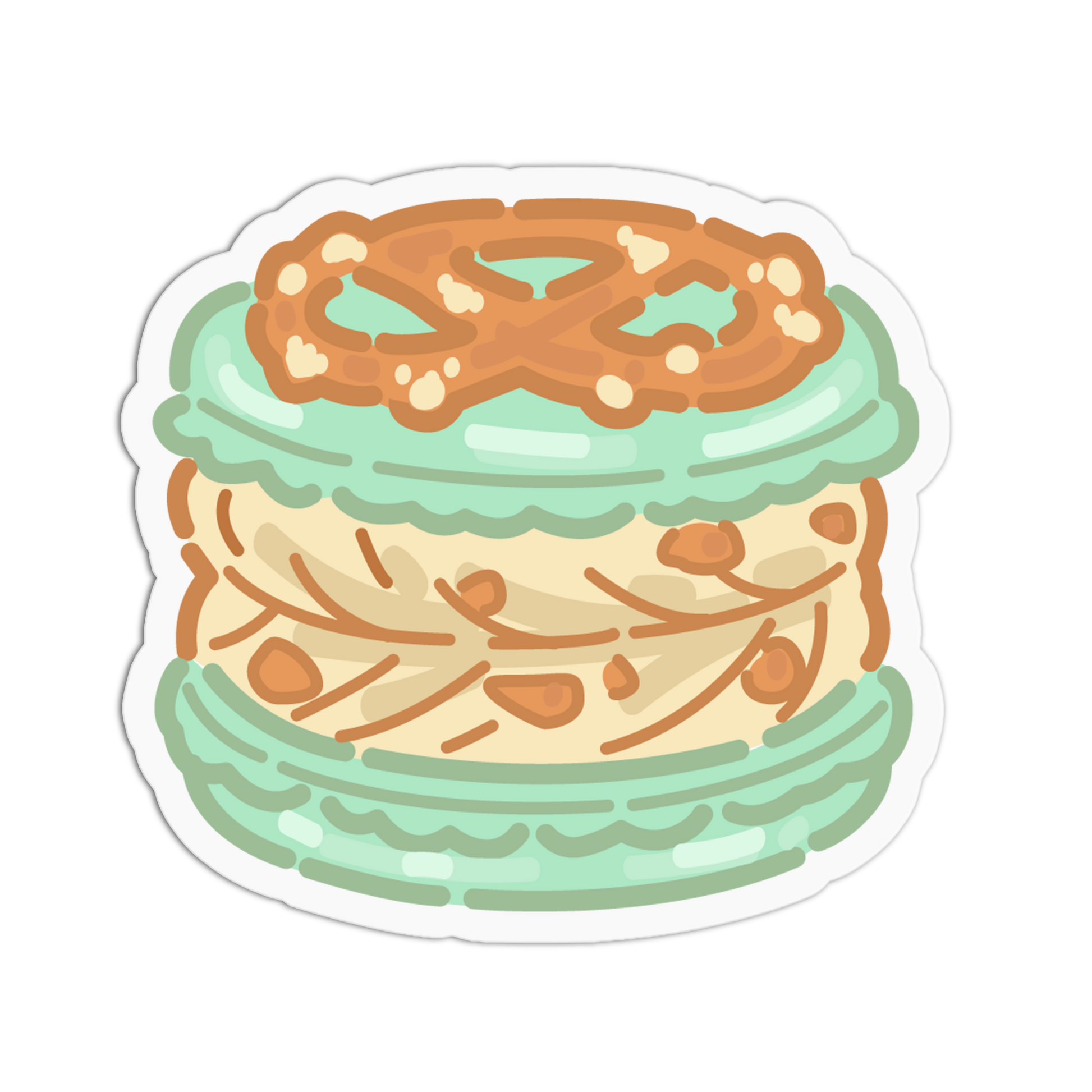 A die-cut sticker featuring a cute, cartoon-style illustration of a macaron with a pretzel topping, set against a plain white background.