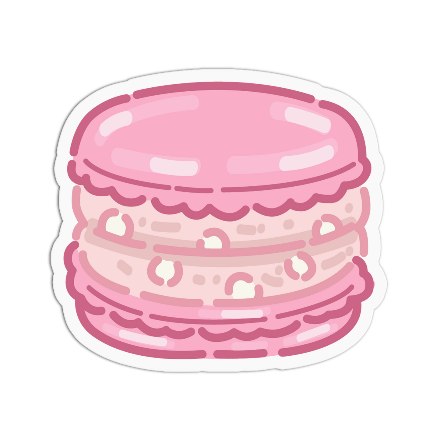 A die-cut sticker featuring a cute, pink cartoon macaron with a white outline, shown on a solid white background.