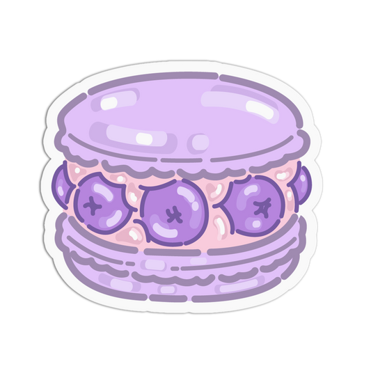 A die-cut sticker featuring a cute, cartoon-style purple macaron with blueberry filling, shown on a plain white background.