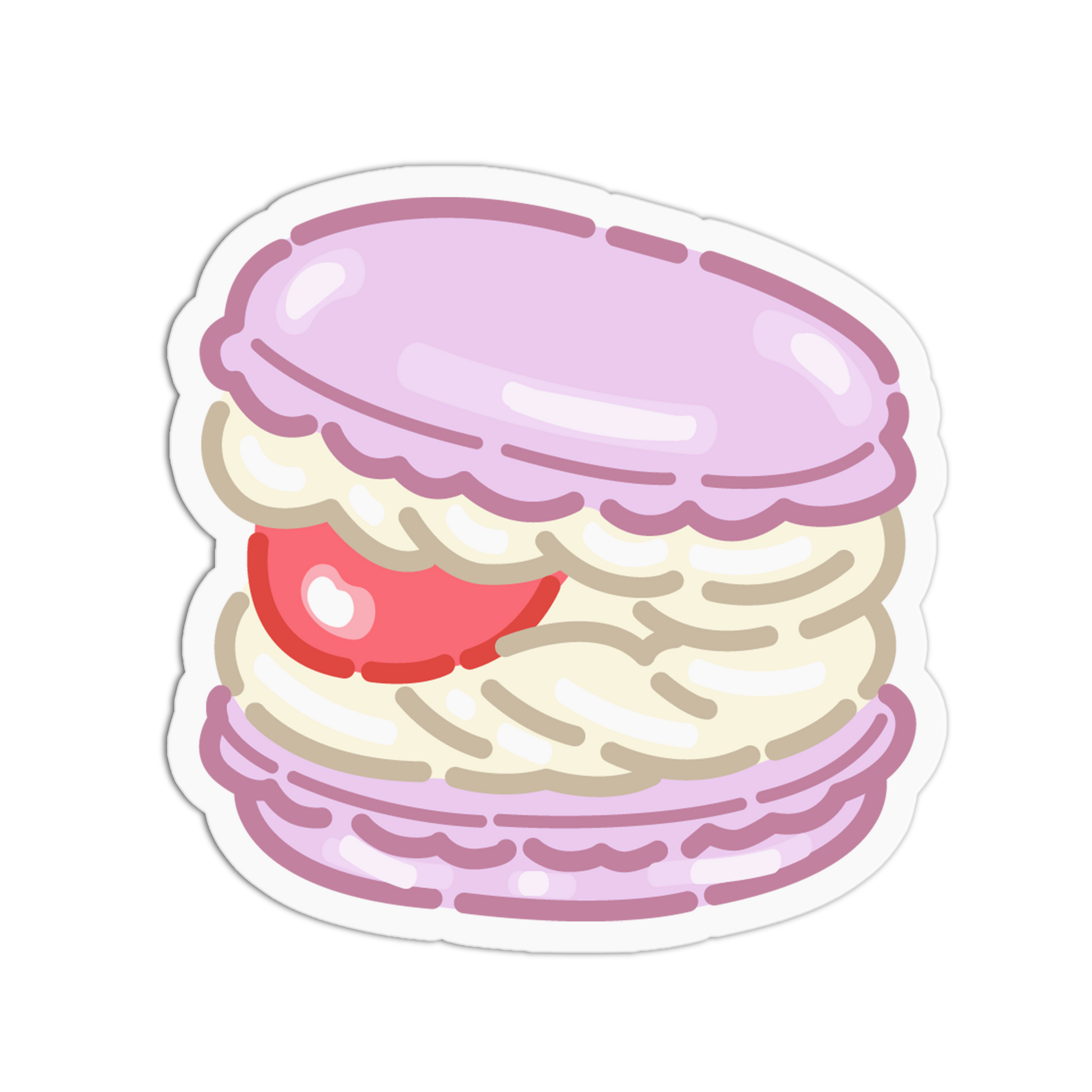 A die-cut sticker featuring a cute cartoon illustration of a pink macaron with cream filling and a red cherry, shown on a plain white background.