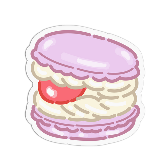A die-cut sticker featuring a cute cartoon illustration of a pink macaron with cream filling and a red cherry, shown on a plain white background.